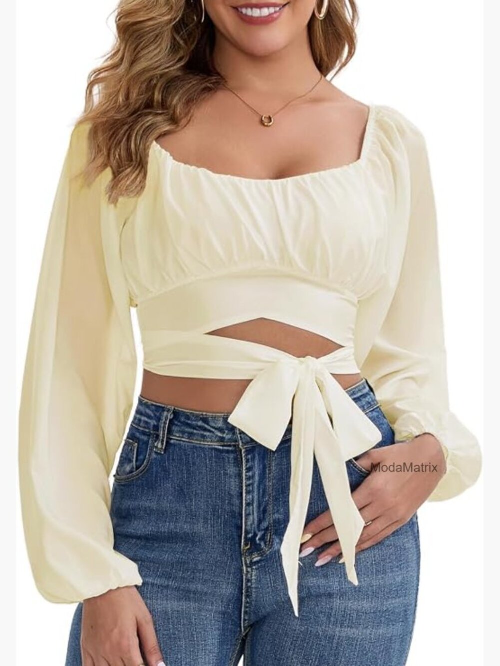 Ruched Wrap Square Neck Flounce Long Sleeve Crop Top Blouse